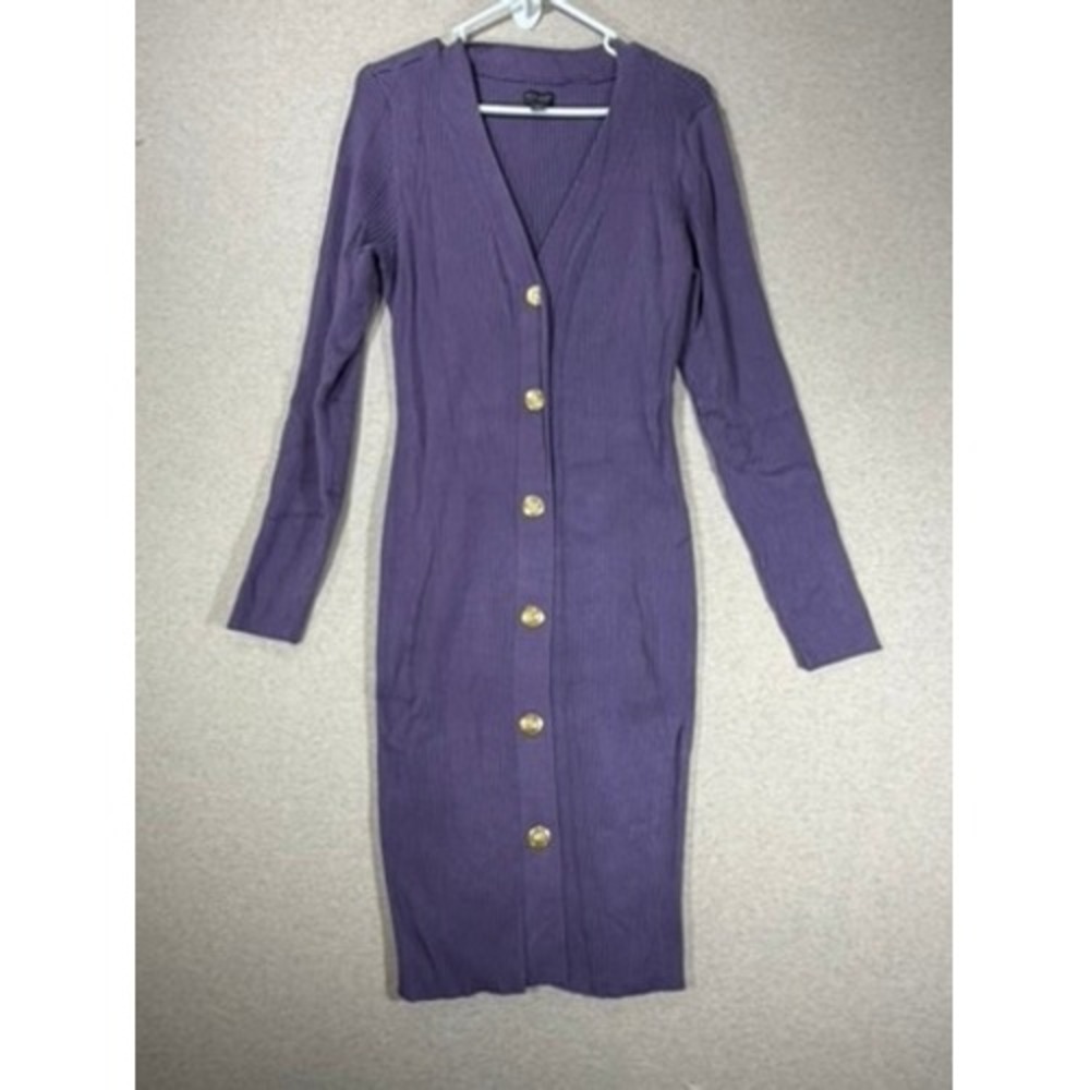 Bold Elements Cardigan Dress Womens XL Purple Excellent Ribbed Knit Gold Button